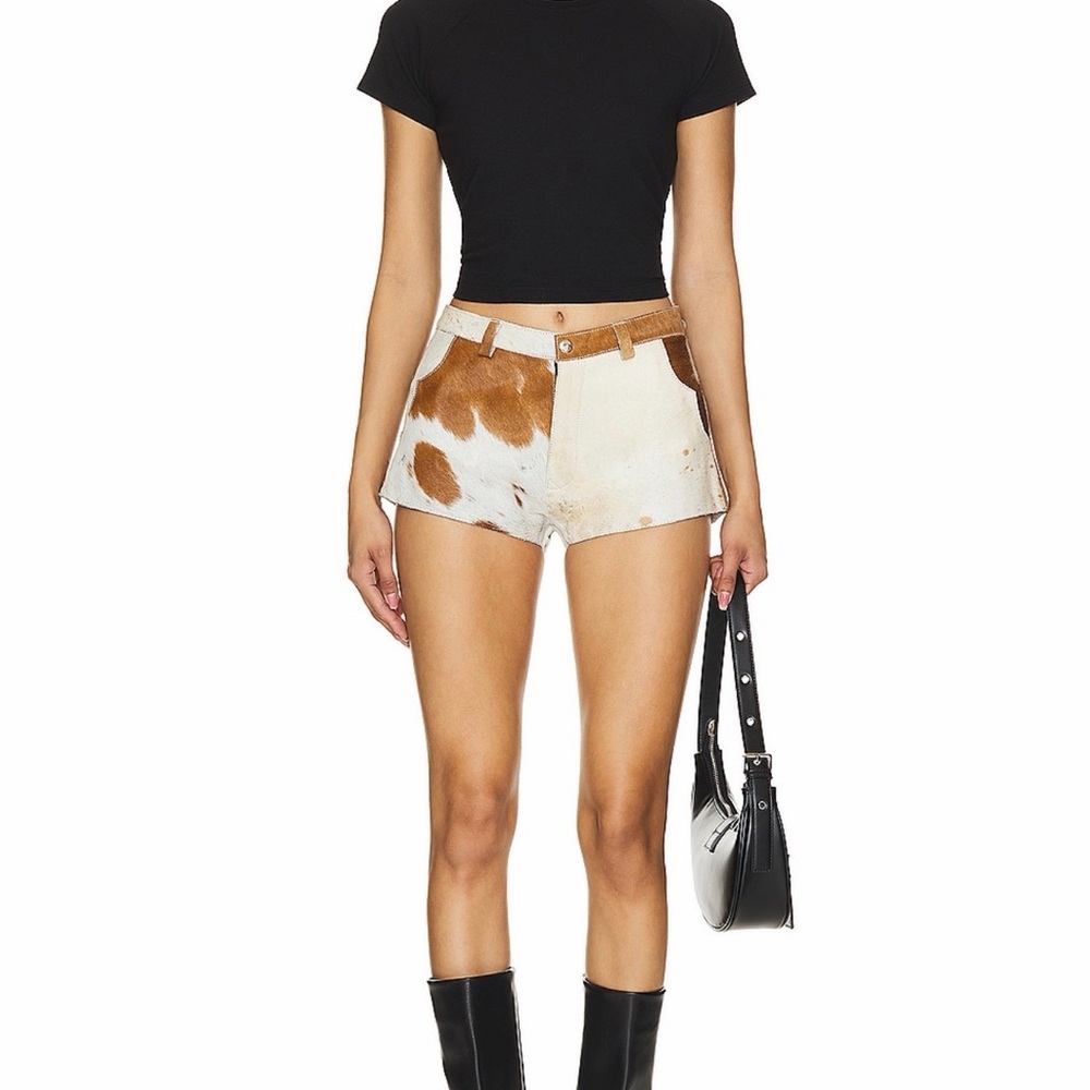 Cowhide Patchwork High-Waist Shorts in Brown & White